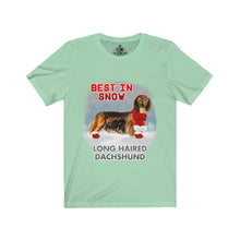 Load image into Gallery viewer, Long Haired Dachshund Best In Snow Unisex Jersey Short Sleeve Tee
