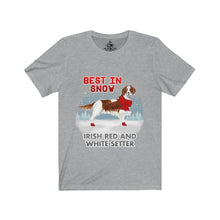 Load image into Gallery viewer, Irish Red and White Setter Best In Snow Unisex Jersey Short Sleeve Tee