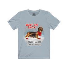 Load image into Gallery viewer, Long Haired Dachshund Best In Snow Unisex Jersey Short Sleeve Tee