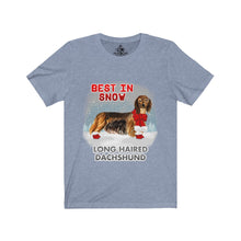 Load image into Gallery viewer, Long Haired Dachshund Best In Snow Unisex Jersey Short Sleeve Tee