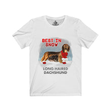 Load image into Gallery viewer, Long Haired Dachshund Best In Snow Unisex Jersey Short Sleeve Tee