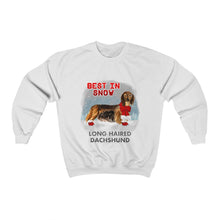Load image into Gallery viewer, Long Haired Dachshund Best In Snow Heavy Blend™ Crewneck Sweatshirt
