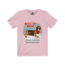 Load image into Gallery viewer, Long Haired Dachshund Best In Snow Unisex Jersey Short Sleeve Tee
