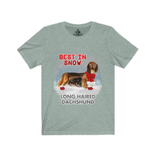 Load image into Gallery viewer, Long Haired Dachshund Best In Snow Unisex Jersey Short Sleeve Tee