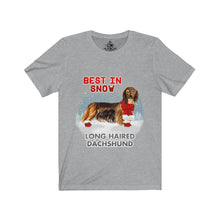 Load image into Gallery viewer, Long Haired Dachshund Best In Snow Unisex Jersey Short Sleeve Tee