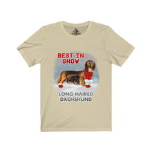 Load image into Gallery viewer, Long Haired Dachshund Best In Snow Unisex Jersey Short Sleeve Tee